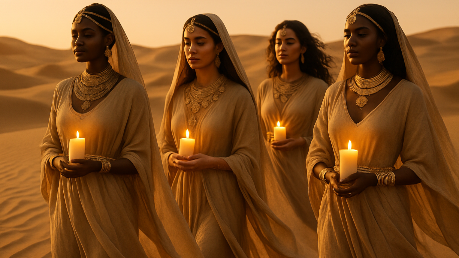 africain and arabic women in desert walking in beige magnificent dresses and gold jewery holding candles looking divin and ancient 